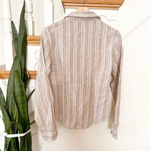 Womens Linen Button-Down Shirt Beige Striped Long Sleeves Collared Size 46 - Picture 4 of 4